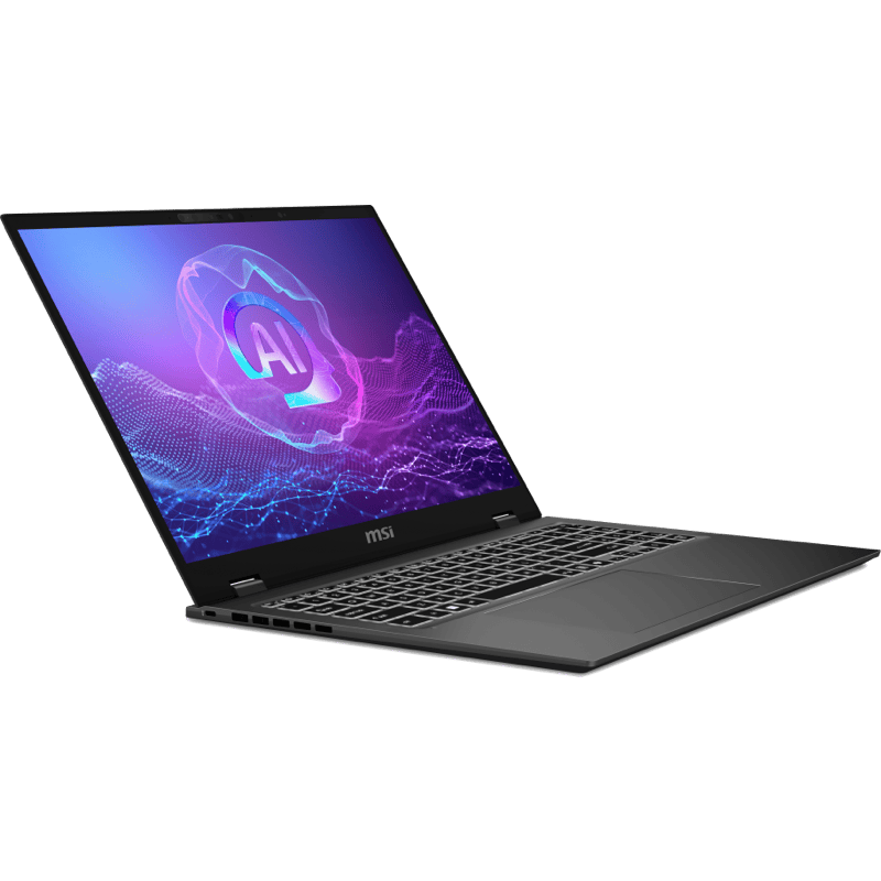 MSI Prestige 16 AI+ Evo 16 Intel Ultra 5 226V 16GB 1TB Win11Pro 3-letnia gwarancja czarny front lewy obrót